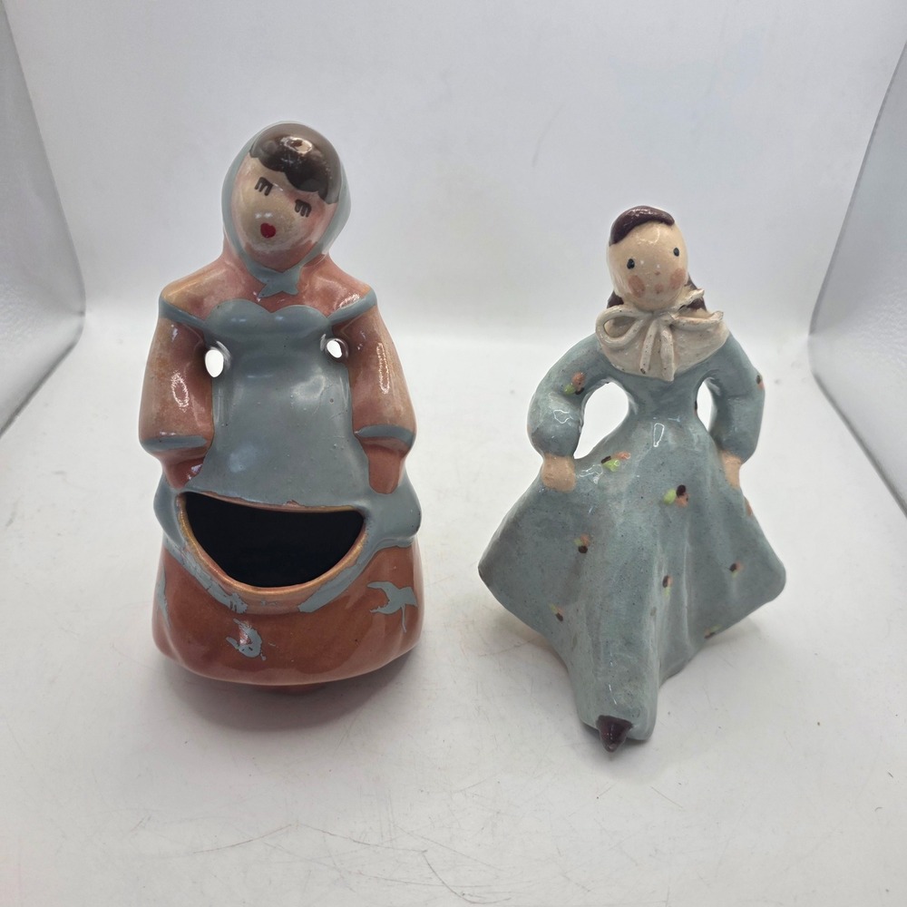 Vintage Ceramic Lady Figurines Planter Pair Blue Pink Dress Art Pottery Lot 2
